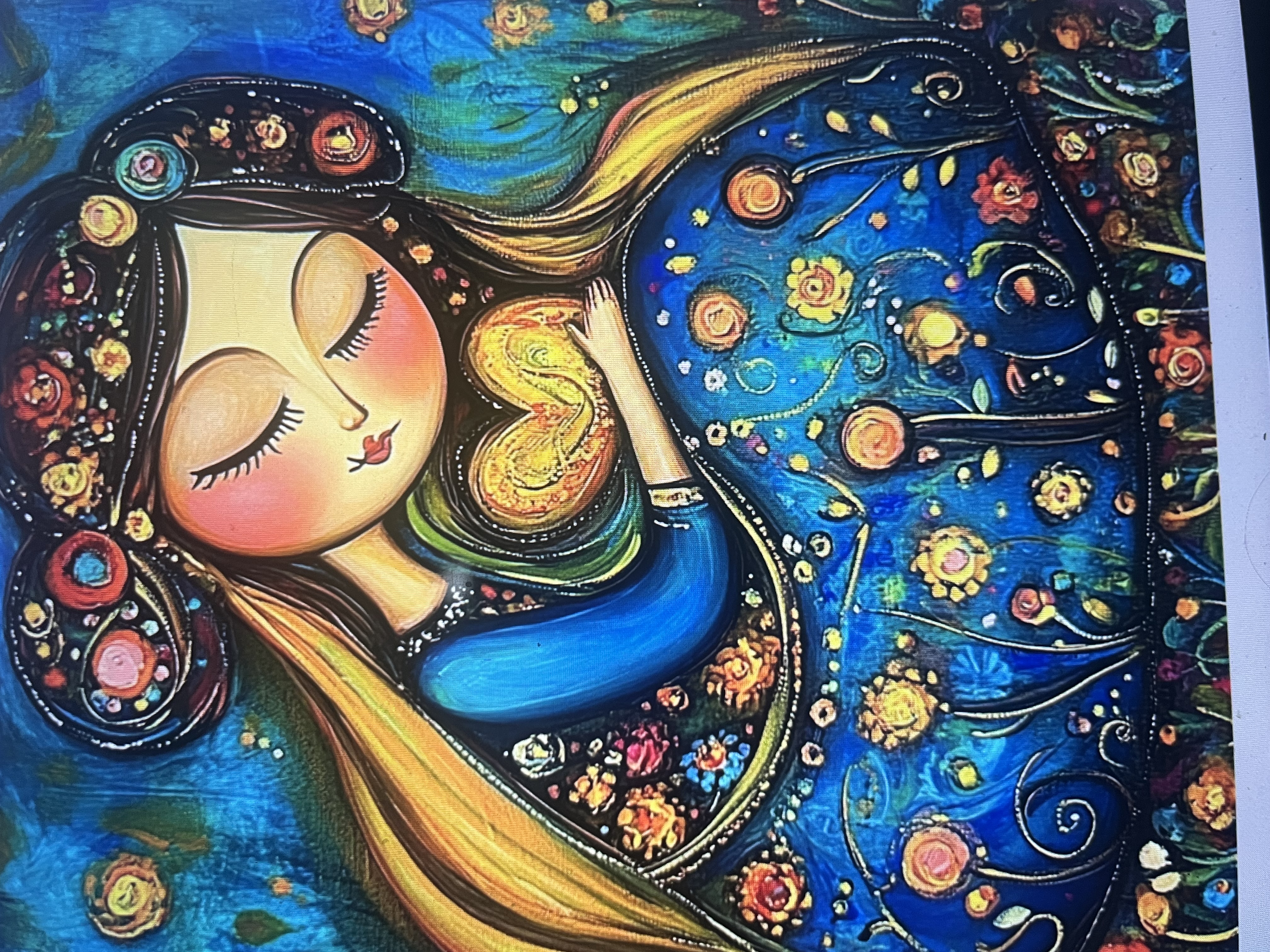 whimsical female with eyes closed grasping a heart close to her chest